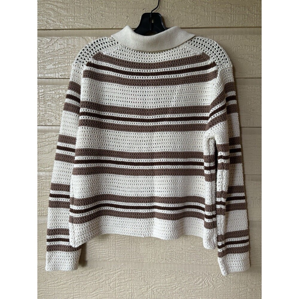 Elie Tahari women Beige Almond Striped Crochet Knit Polo Sweater sze Medium $285 - Picture 5 of 8